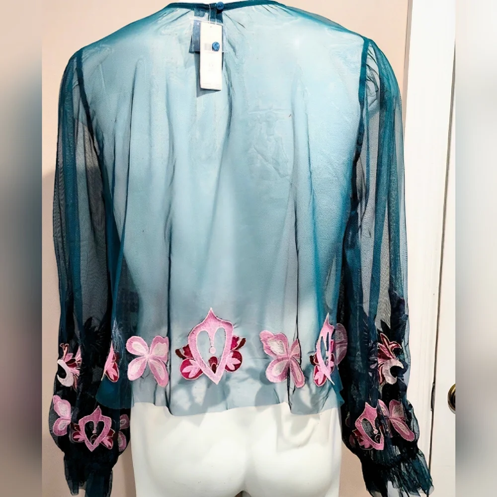 NWT By Anthropologie Long-Sleeve Embroidered Cropped Mesh Top Size 1X - Picture 3 of 16